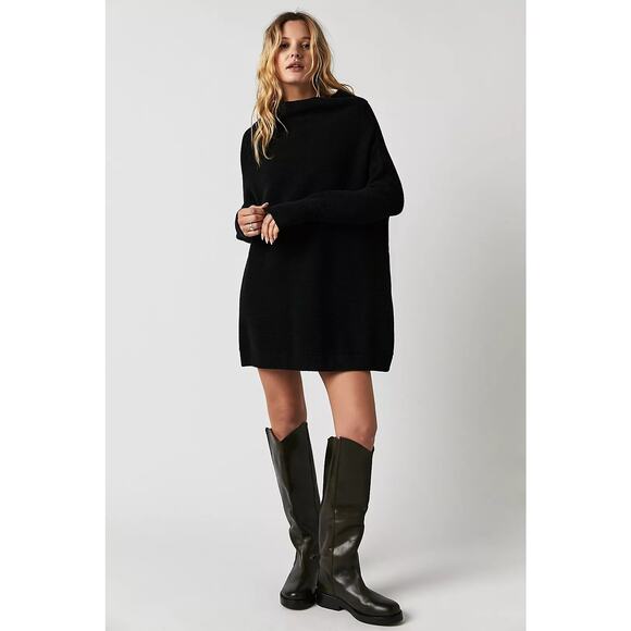 Free People Ottoman Slouchy Black Sweater Long Sleeve Turtle Neck Tunic Dress S - Picture 1 of 9